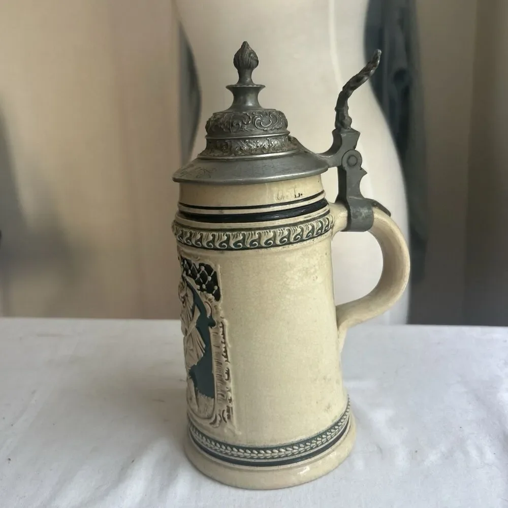 Vintage Antique German Beer Stein Lidded Pewter Engraved “Ernst Huf”  0.5L